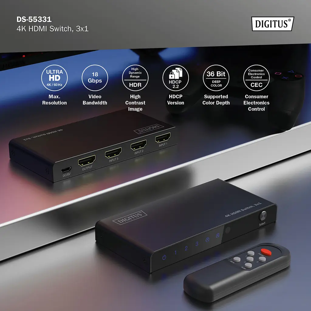 Відеокомутатор Digitus UHD HDMI (INx3 – OUTx1), 4K - фото 8