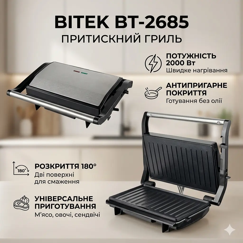 Притискний гриль з антипригарним покриттям BITEK BT-2685 2000 Вт Електричний контактний гриль - фото 3