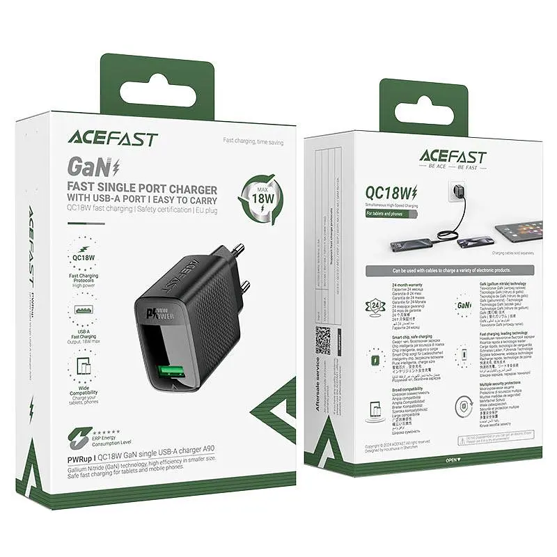 Сітчастий зарядний пристрій з кабелем ACEFAST A90 QC18W GaN single USB-A charger set (P3) (EU) Чорний - фото 2