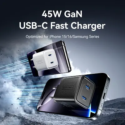 Зарядний пристрій Vention 2xUSB-C PD 45 Вт GaN прозоро-білий (FCFW0-EU) - фото 8