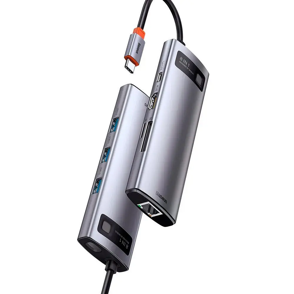 Хаб Baseus Metal GleamSeries8-in-1Type-CHUB Type-C to HDXiaomi* 1+USB3.0*3+PD*1+SD/TF* 1+VGA* 1 WKWG050013 Grey - фото 4