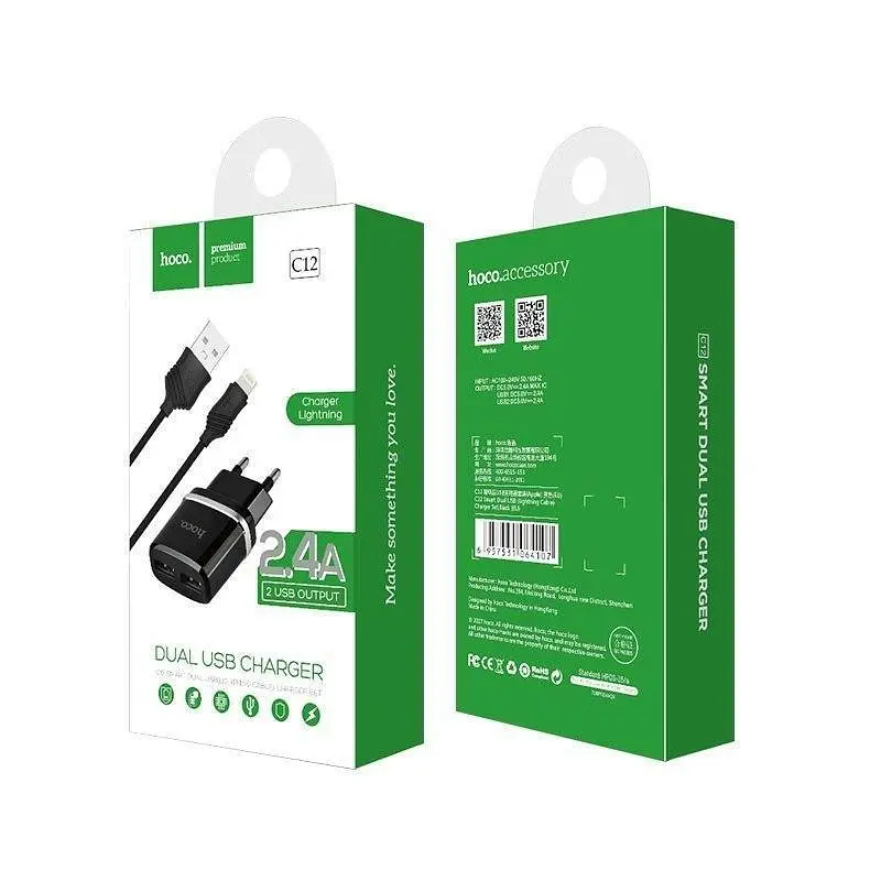 Адаптер живлення Hoco C12 Smart dual USB-набір із кабелем мікро чорний 6957531064114 - фото 5
