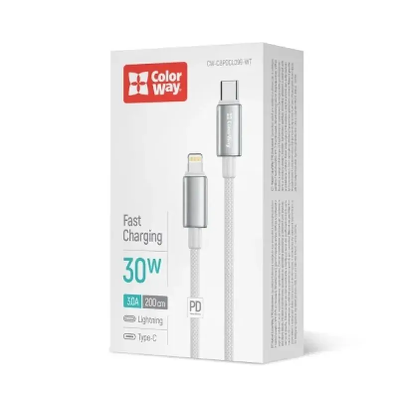 Дата кабель USB-C to Lightning 2.0m PD30W zinc alloy braided white ColorWay (CW-CBPDCL099-WT) - фото 5