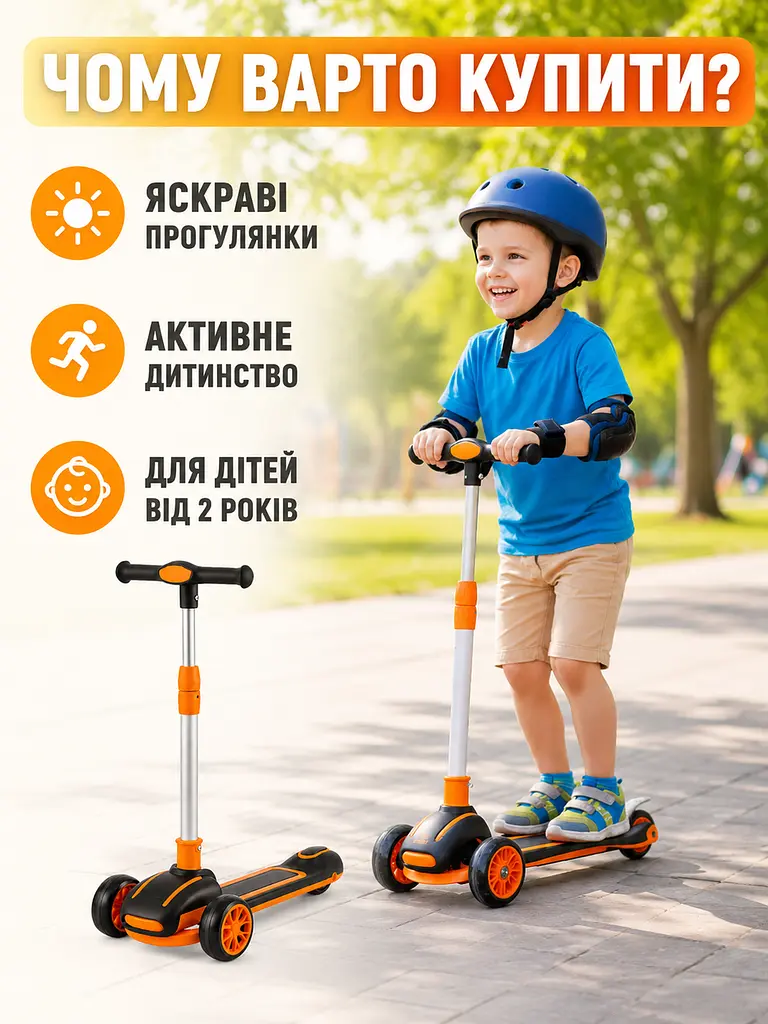 Дитячий самокат триколісний чорний/помаранчевий з підсвічуванням коліс музикою та регульованим кермом (49675950) - фото 8