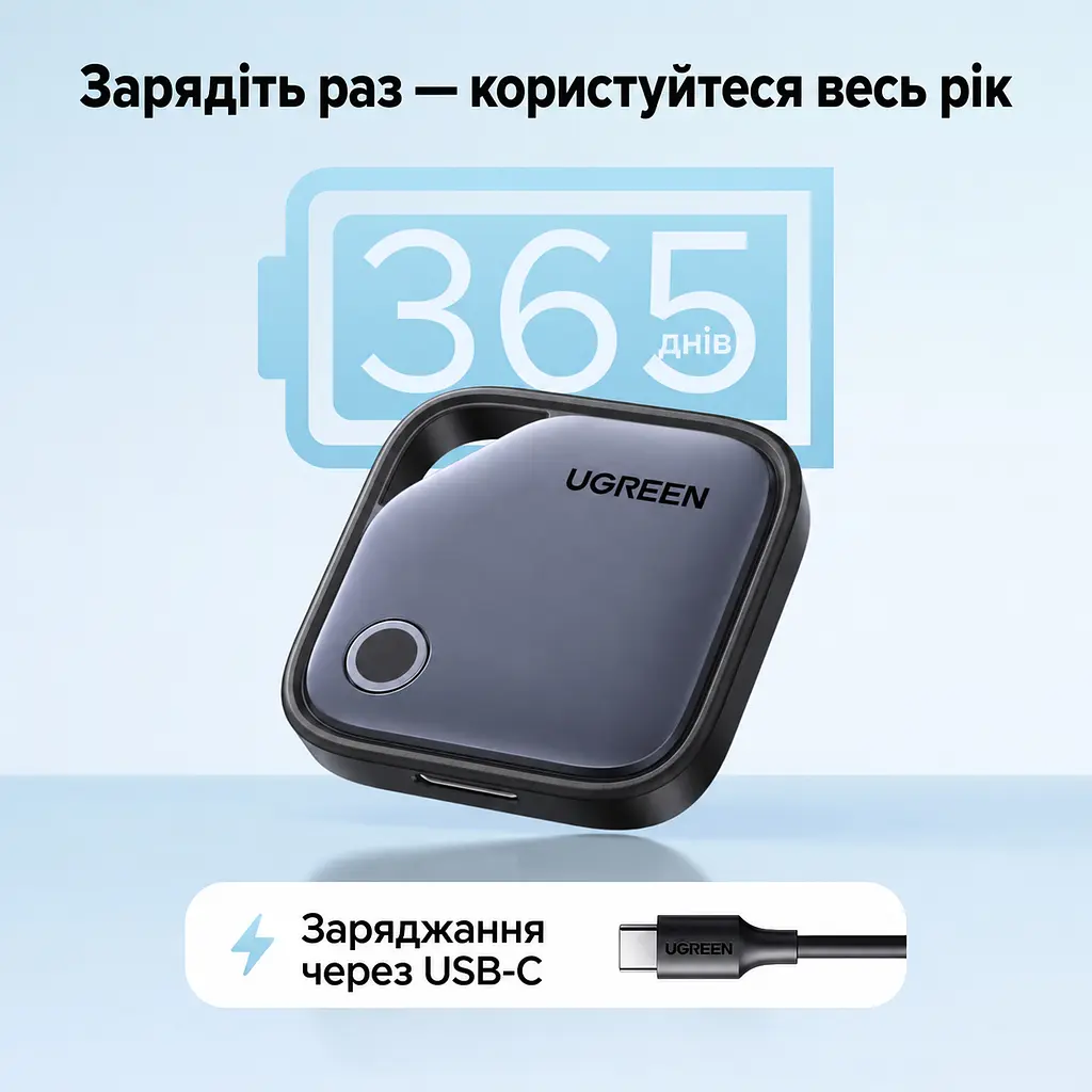 Bluetooth-трекери для пошуку речей UGREEN FineTrack CM916 4 шт. AirTag пошукові мітки для Apple Find My або Android Find Hub з перезаряджанням через USB-C зі звуковим пошуком зі сповіщеннями про залишені речі зі спільним доступом до місцезнаходження до 1 року роботи на заряді синьо-сірі з чорною рамкою (75646P) - фото 3