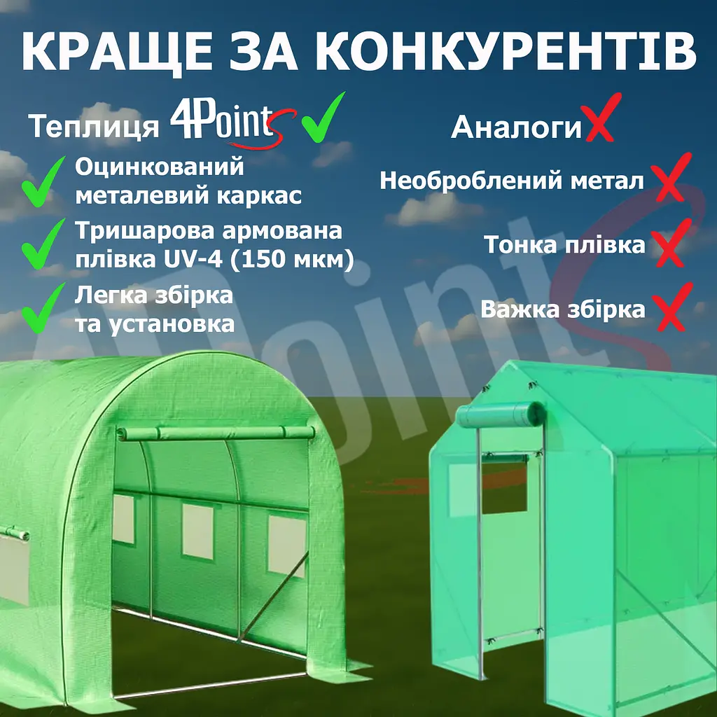 Теплиця садова 4Points 6м2 2х3м парник для городу дому дачі з вікнами, Зелений - фото 6