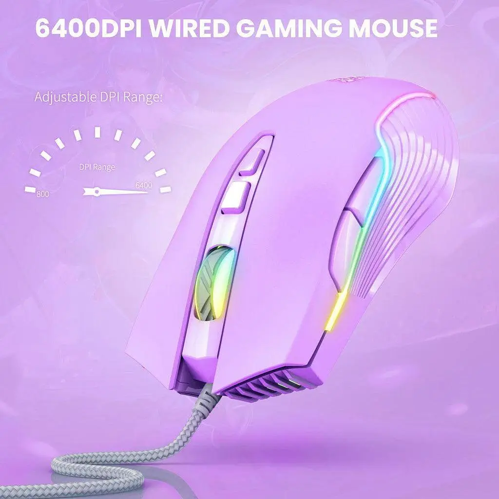 Компьютерная мышка Onikuma для ПК и ноутбука 6400 DPI RGB подсветка 7 проволочных кнопок Фиолетовый - фото 3