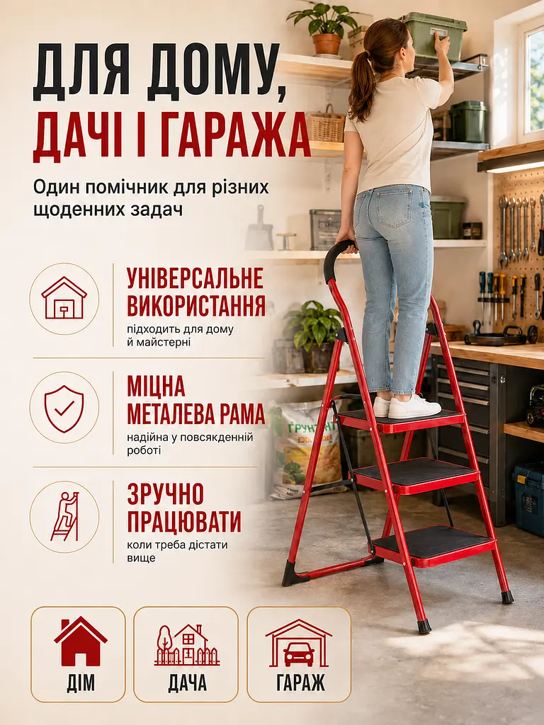 Драбина-стрем’янка з поручнем 3 сходинки складна металева до 150 кг (49675898) - фото 6