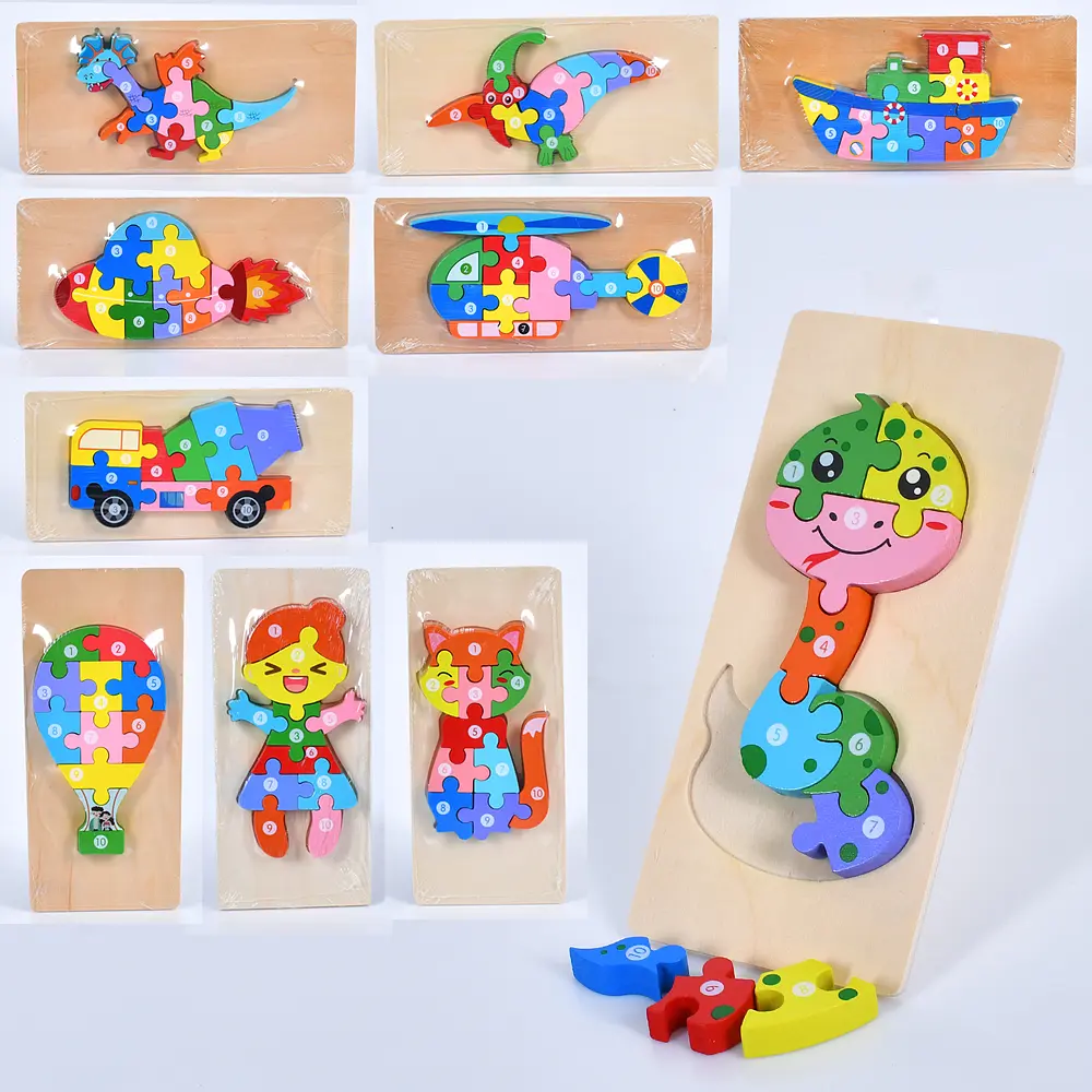 Деревянная игрушка Пазлы (животные, транспорт, динозавры, фигурки), 10x22x1 см (в ассортименте) - фото 2