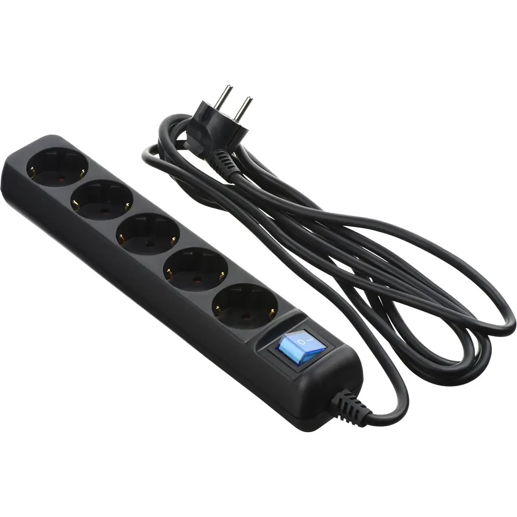 Мережевий фільтр 2E 5XSchuko з вимикачем, 3G*1.5мм, 1.5м, black (2E-U05ES15M1.5BK)