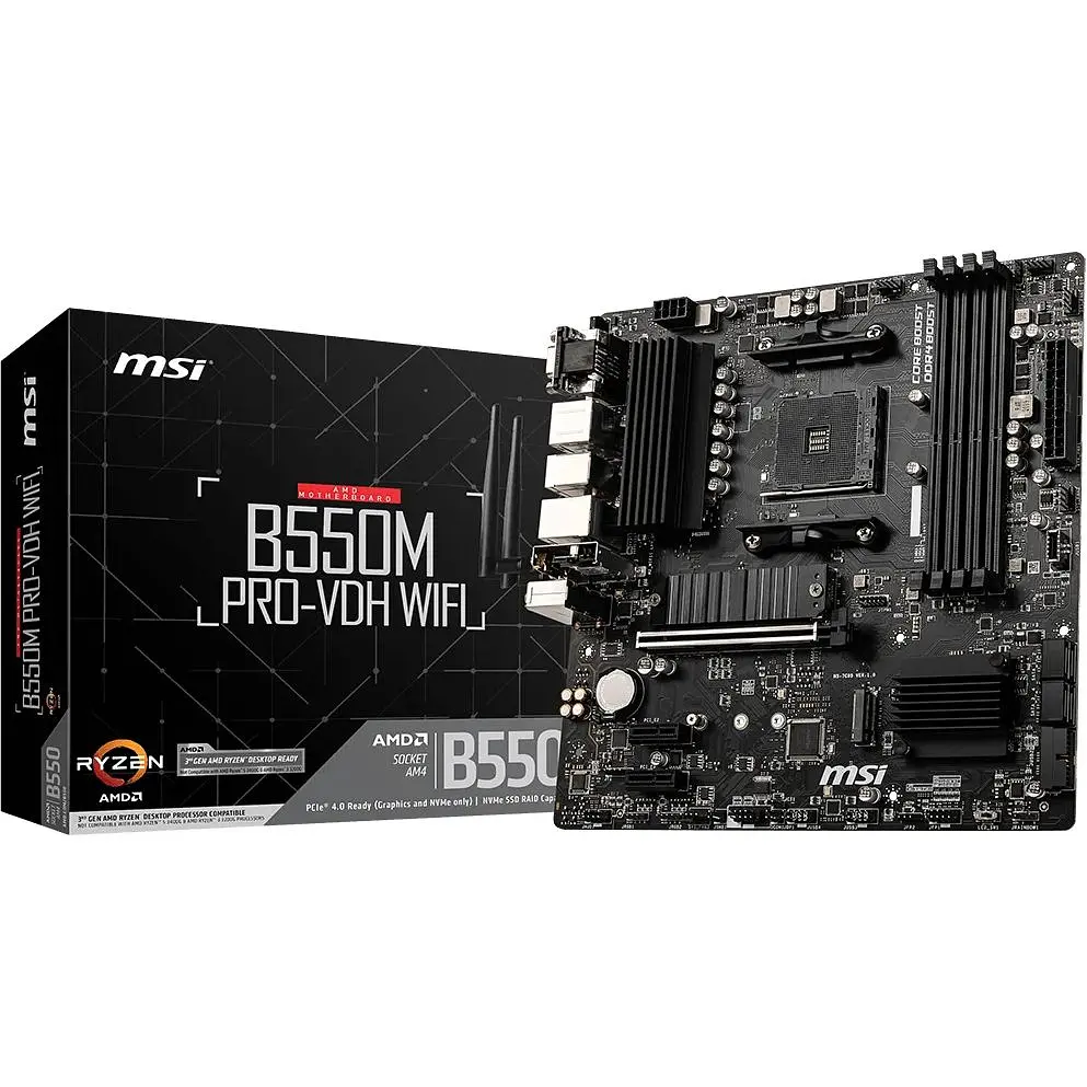 Материнська плата MSI AM4 (B550) B550M PRO-VDH WIFI, B550, 4xDDR4, Int.Video(CPU), 4xSATA3, 2xM.2, 1xPCI-E 16x 4.0, 2xPCI-E 1x 3.0, ALC892, RTL8111HN, WiFi ac, Bluetooth, 7xUSB3.2/6xUSB2.0, VGA/HDMI/DP, MicroATX - фото 2