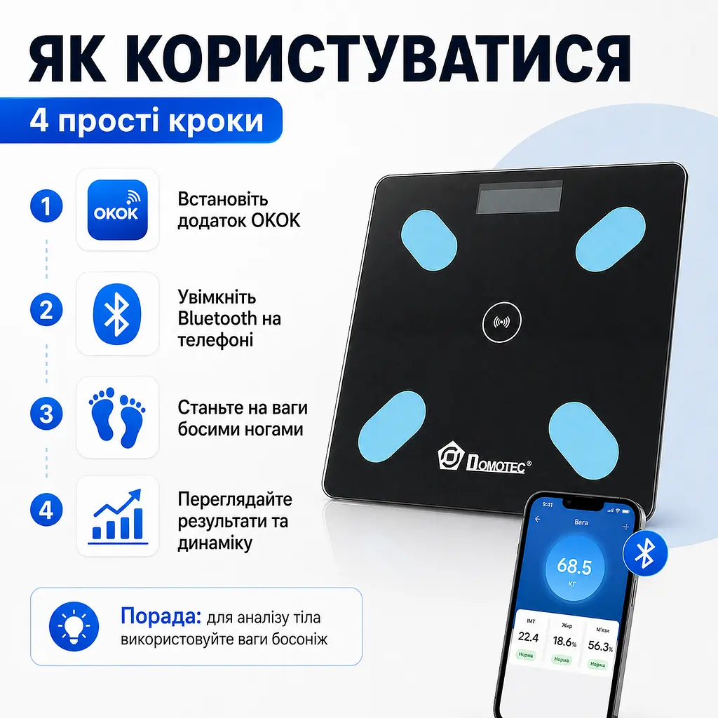 Підлогові скляні ваги DOMOTEC до 180 кг смарт-ваги з аналізом складу тіла, 12 показників, Bluetooth - фото 5