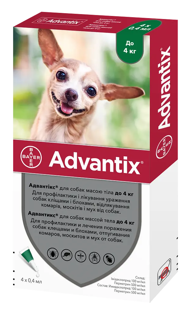 Капли Elanco (Bayer) Advantix от блох и клещей для собак до 4 кг, 4 пипетки - фото 2