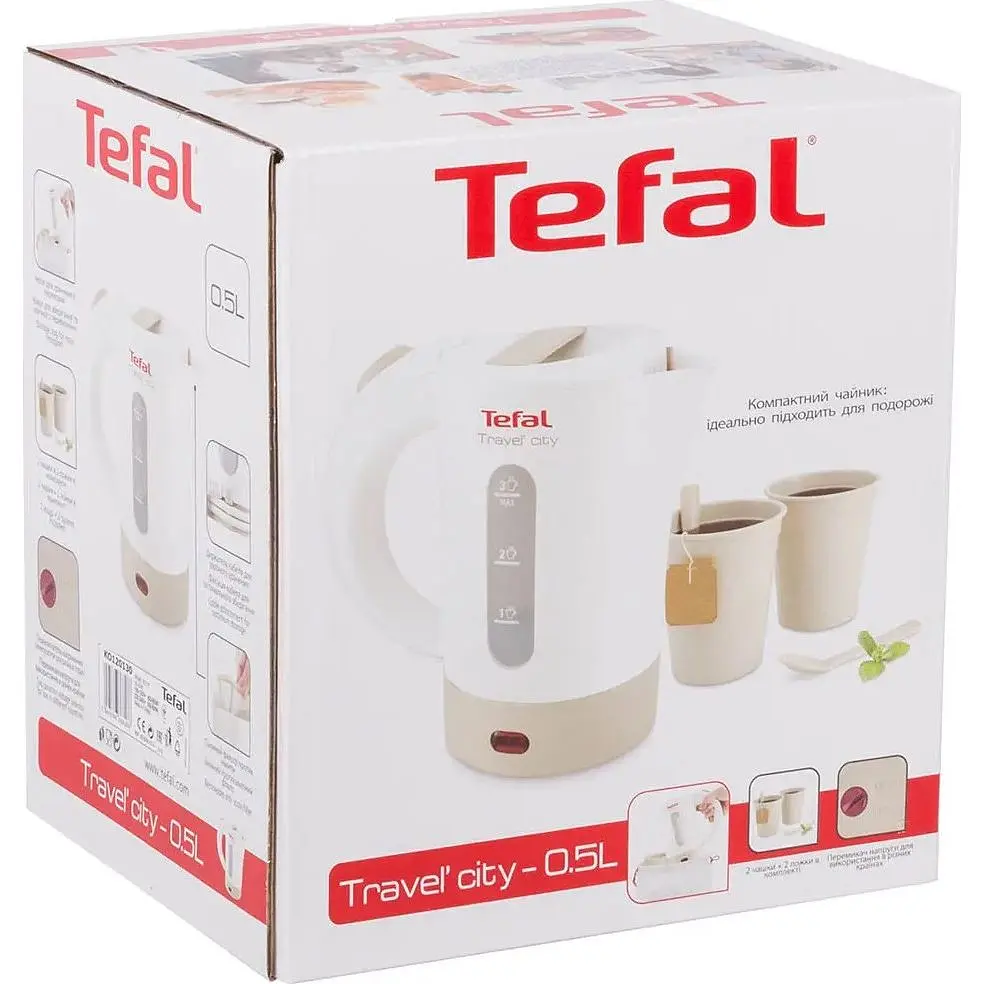 Электрочайник Tefal Travel-o-city Strix 0.5 л пластик в комплекте 2 стакана + 2 ложки бело-бежевый (KO120130) - фото 6