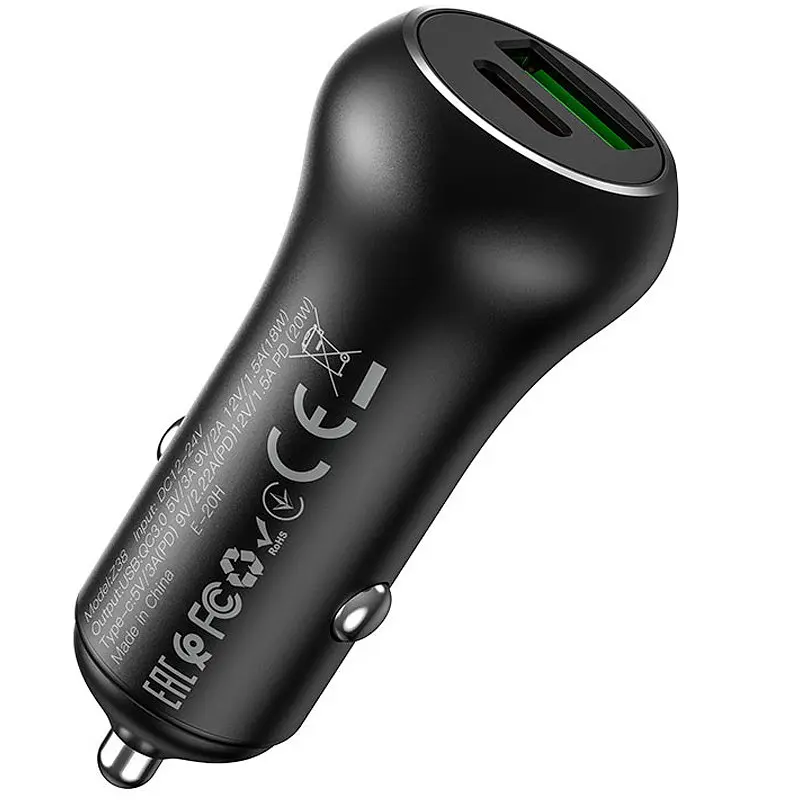 Автомобильное зарядное устройство для Hoco Z38 1USB + Type-C QC 3.0 Black - фото 2