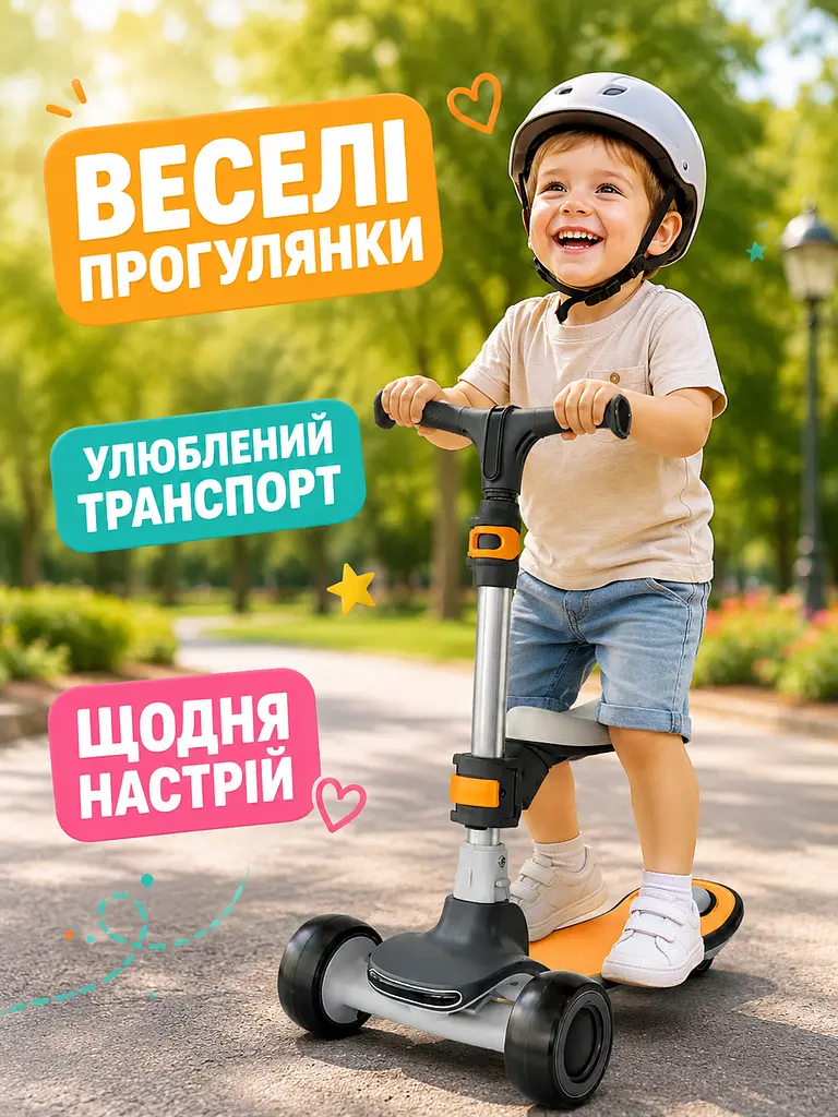 Дитячий самокат-біговел 2в1 чорний із сидінням музикою та підсвічуванням коліс (49675962) - фото 8