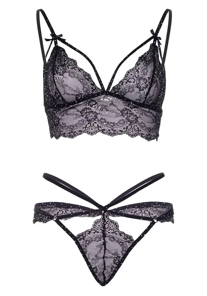 Еротичний комплект зі стрепами та стразами Leg Avenue Ready Or Not S Black, бра + стрінги - фото 5