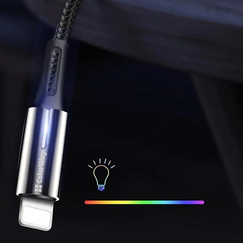 Кабель ColorWay USB - Lightning (M/M), 2.4 А, Zinc Alloy + Led, 1 м, Black (CW-CBUL035-BK) - фото 4