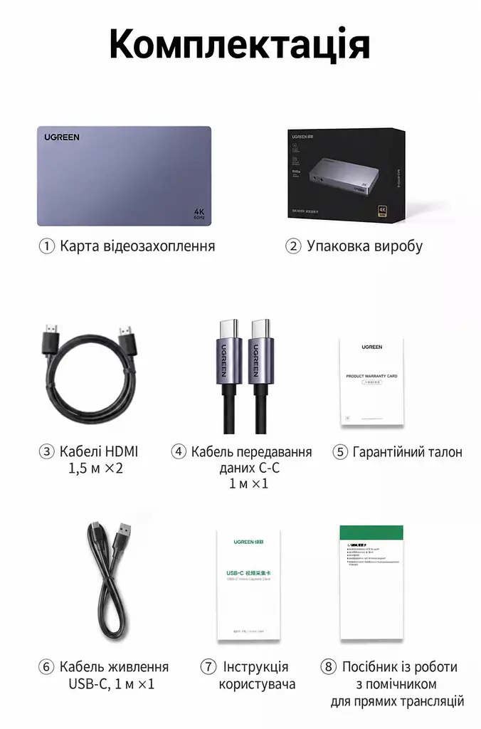 Двоканальна карта захоплення аудіо та відео UGREEN UG705 2 входи HDMI та вихід USB-C до комп’ютера 4K 60 Гц / 2K 144 Гц / 1080p 240 Гц у максимальних режимах MJPEG за недостатнього живлення потрібне додаткове живлення USB-C 5 В інтерфейс USB 3.2 Gen 2 мікрофонний та лінійний входи 3,5 мм для OBS одночасна трансляція на дві платформи через дві програми алюмінієвий корпус з вентиляційними отворами космічний сірий із чорним (35869) - фото 4