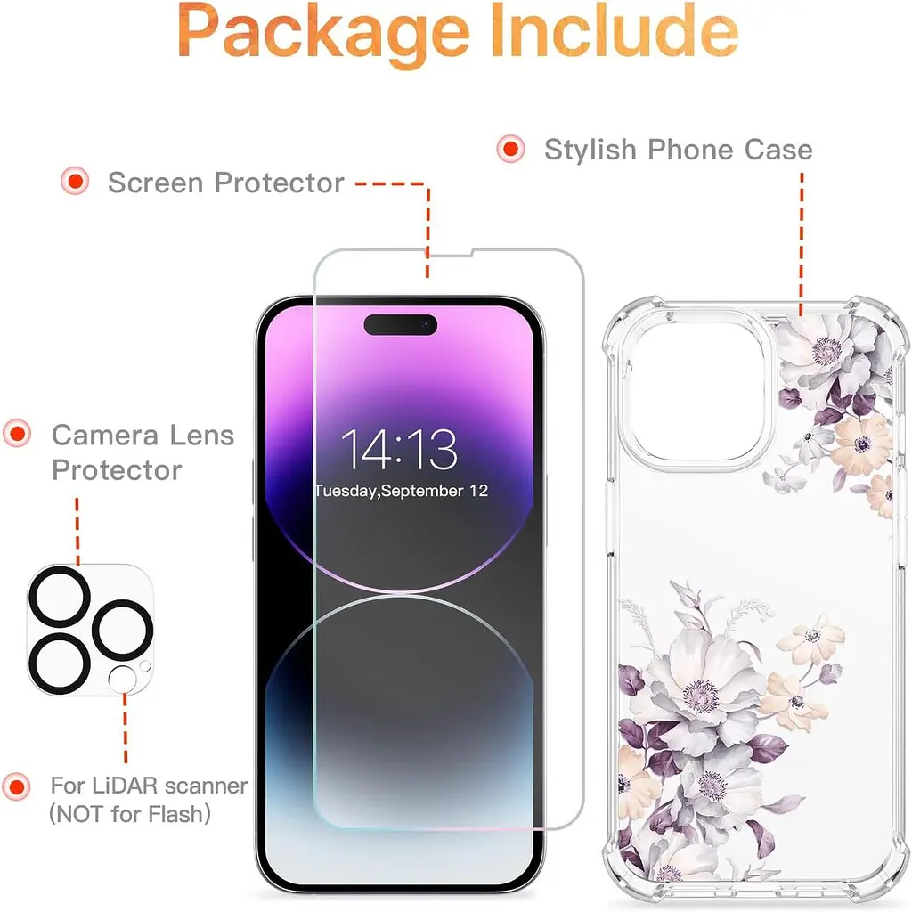 GVIEWIN Предназначен для iPhone 14 Pro Max Чехол, Защитная пленка для экрана + Защитная пленка для камеры Цветочный ударопрочный - фото 6