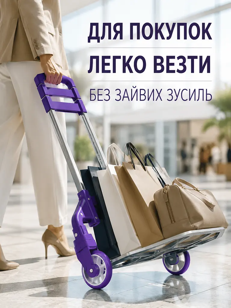 Складний ручний візок до 80 кг алюмінієвий з телескопічною ручкою платформою та гумкою, фіолетовий (49676118) - фото 9