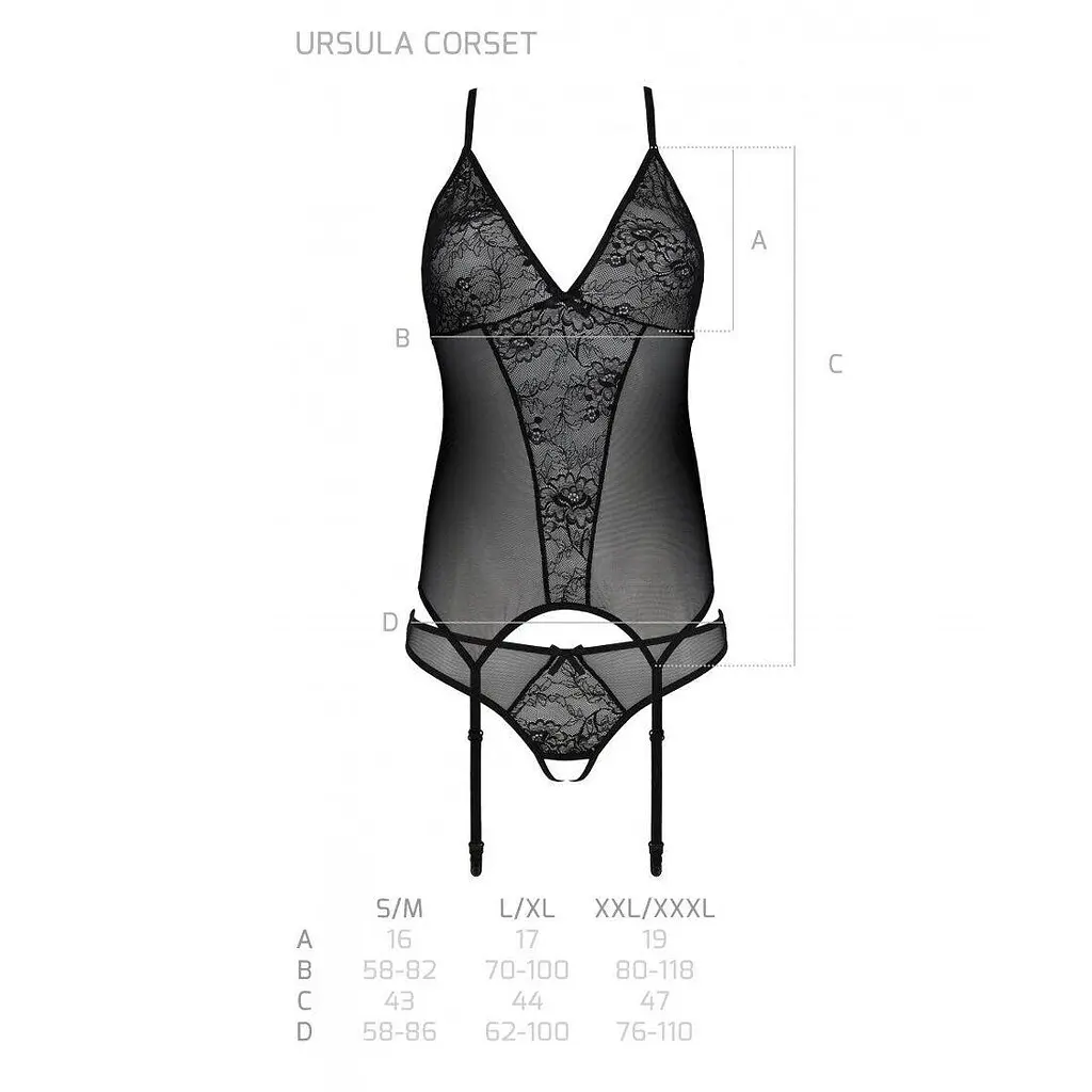 Корсет з пажами трусики з ажурним декором та відкритим кроком Passion Ursula CorSet black L/XL - фото 6