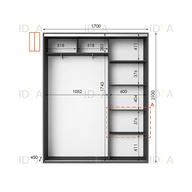Шафа-купе Idea серія 5 170 x 45 x 210 см Антрацит Дзеркало - фото 2