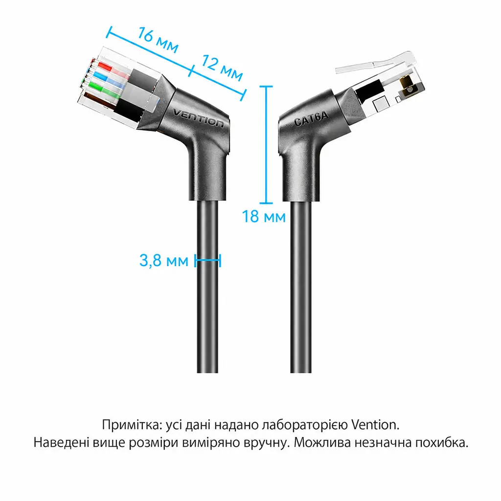 Патч-корд Ethernet Vention 0,5 м RJ45 штекер на RJ45 штекер Cat6A до 10 Гбіт/с з поворотним кутовим роз’ємом тонкий кабель діаметром 3,8 мм UTP провідники з безкисневої міді чорний (IBSBD) - фото 3