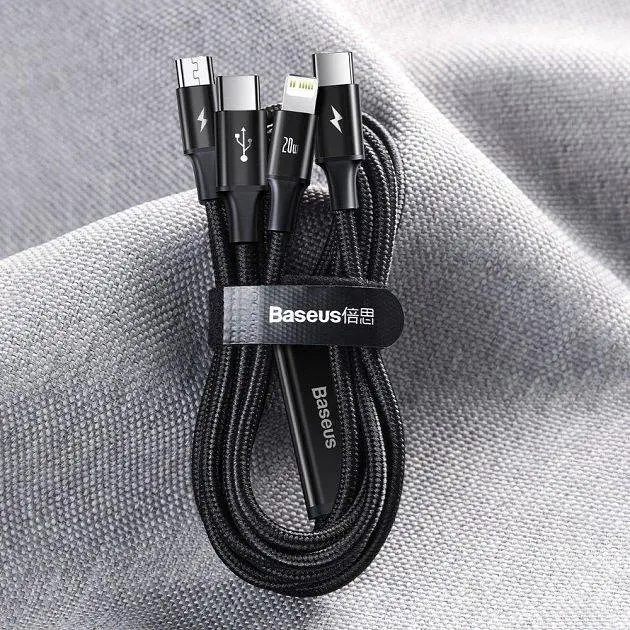Кабель Baseus Rapid Series 3-in-1 Cable Type-C to Type-C/Lightning/MicroUSB PD 20W 1.5m CAMLT-SC01 Black - фото 9