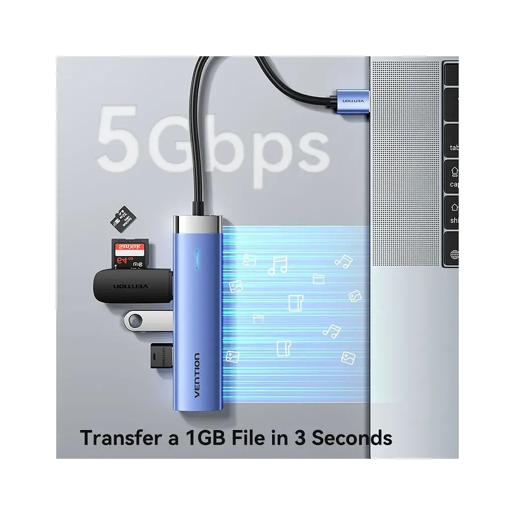 Концентратор Vention USB 3.0 to USB 3.0x3/RJ45/Type-C Hub Blue Aluminum Alloy 5-in-1 (TGFSB) - фото 5