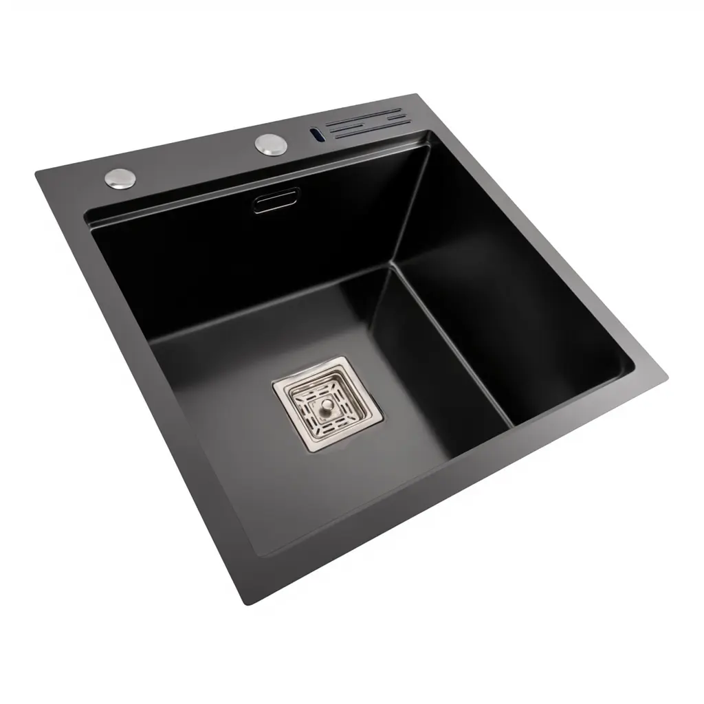 Кухонна мийка 50x50 PVD чорна Platinum Handmade з підставкою для ножів, Чорний - фото 3