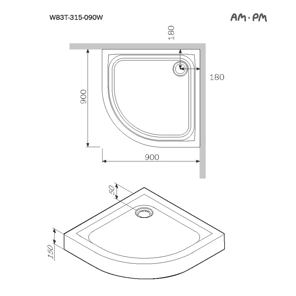 Душевой поддон Am.Pm Like Solo Slide 90x90 см белый W83UT-315-090W, Белый, белый - фото 3