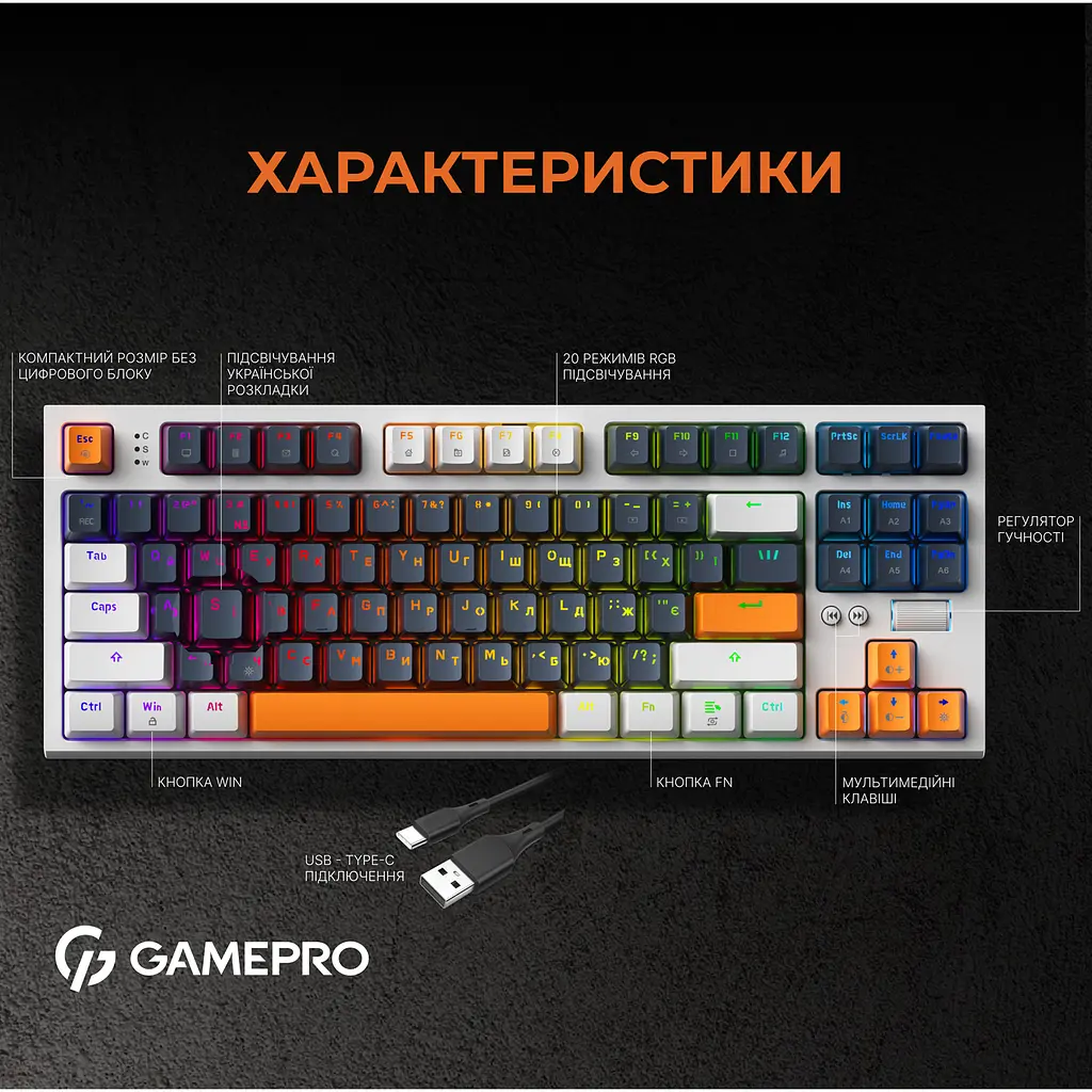 Клавіатура GamePro MK180 Hot-Swap Red Swich RGB USB White (MK180W) [121470] - фото 13