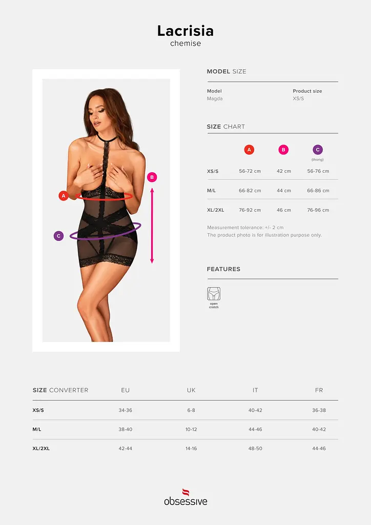 Напівпрозора сорочка з відкритими грудьми Obsessive Lacrisia chemise XL/2XL, чорна, з чокером - фото 7