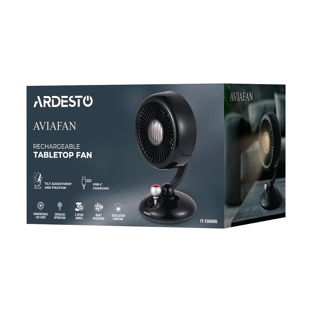 ARDESTO Вентилятор FT-F3600BL настільний, 12см, акумулятор, підсвічування, USB-A Type-C, чорний - фото 9