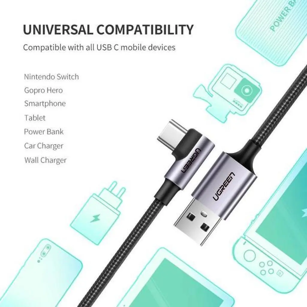 Дата кабель USB 2.0 AM to USB-C 1.0m US284 Angled Alum. Braid Black Ugreen (50941) - фото 5