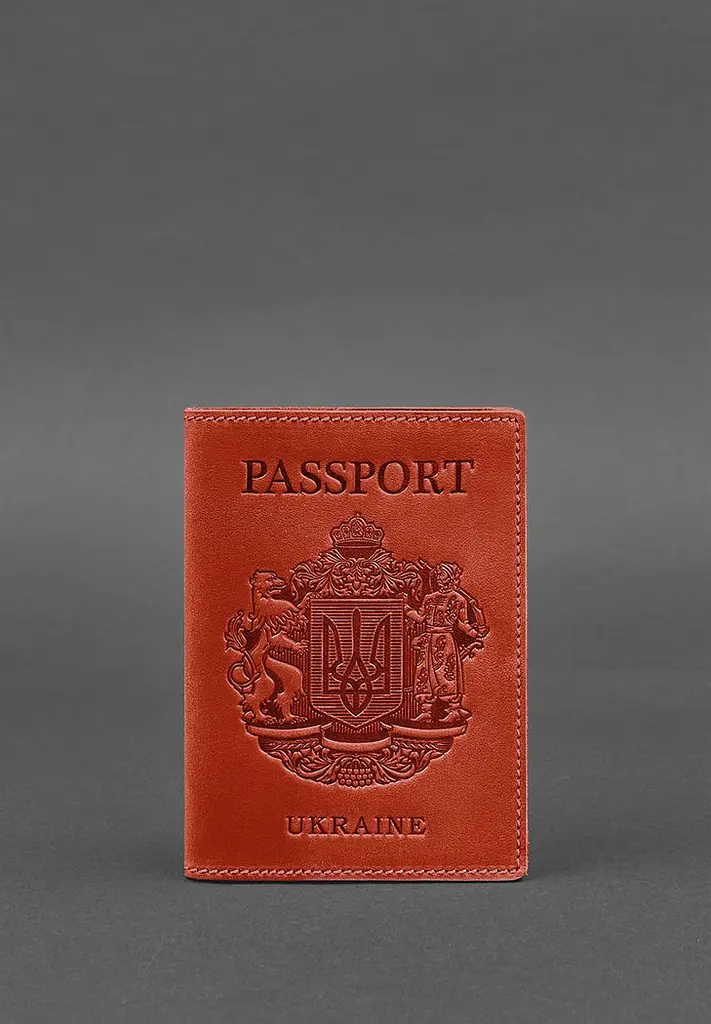 Шкіряна обкладинка для паспорта коралова з українським гербом - фото 2