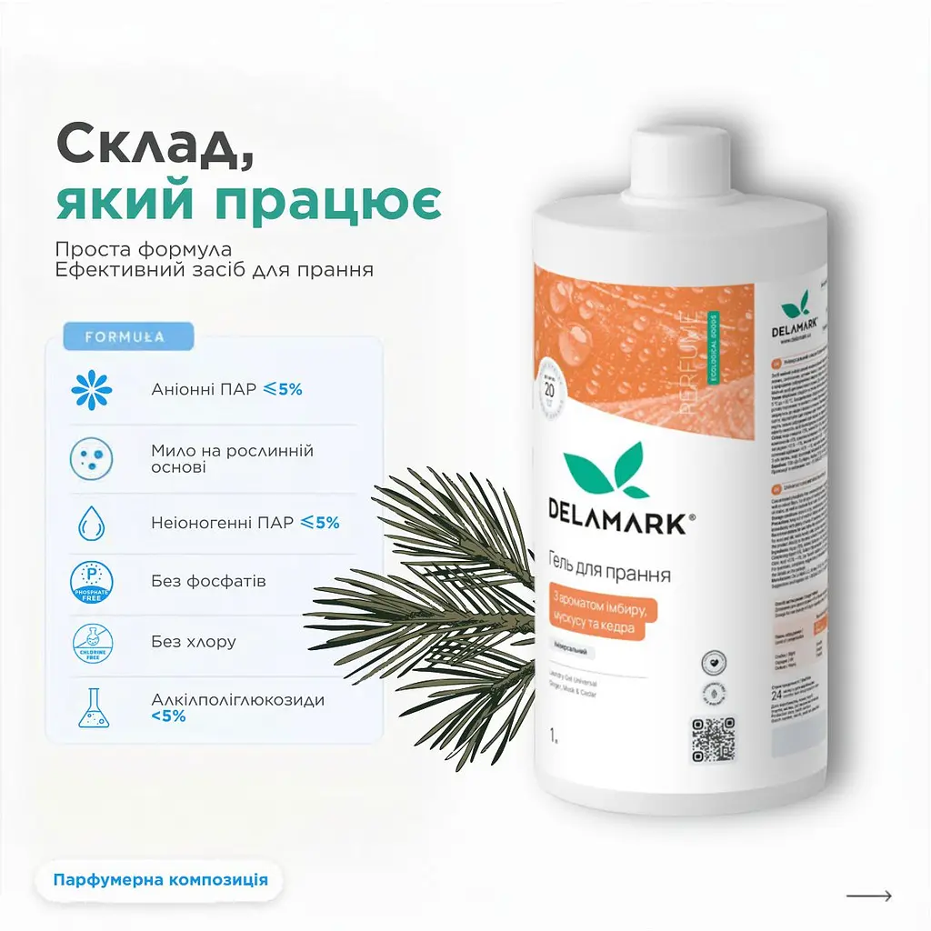 Гель для прання DeLaMark універсальний, з ароматом імбиру, мускусу та кедра 1 л (4820152333988) - фото 4