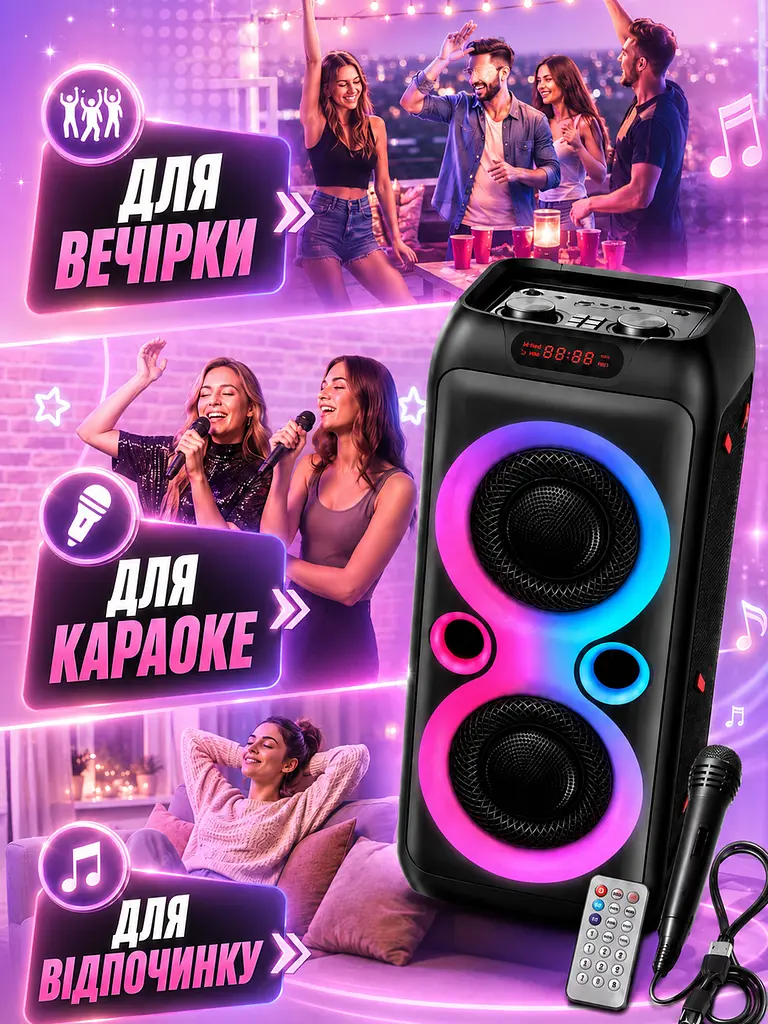 Bluetooth колонка з мікрофоном 2 динаміки 8.5" LED-підсвітка чорна (49675979) - фото 4