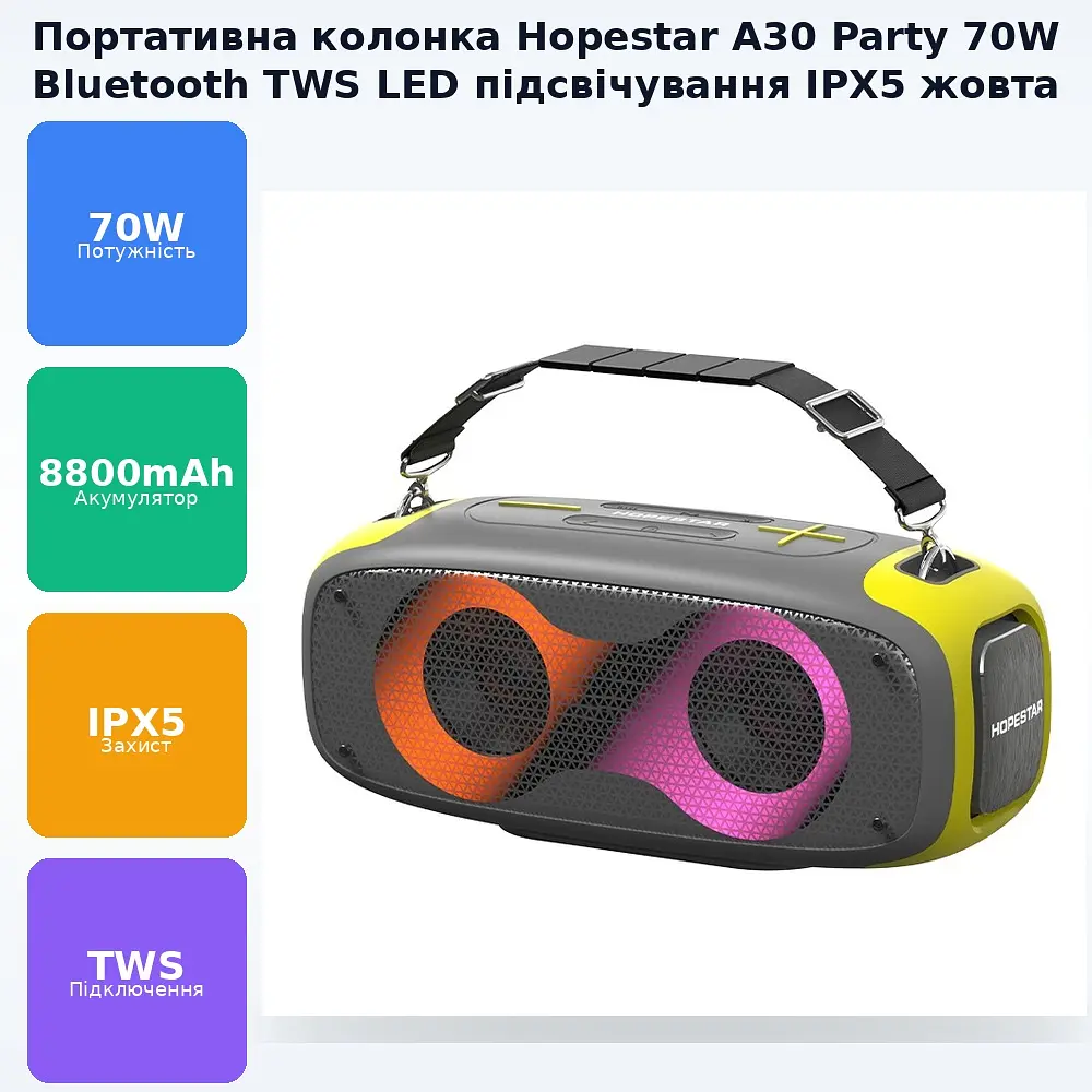 Портативна бездротова акумуляторна Bluetooth колонка акустична система 2х35W з LED світломузикою захист від вологи IPX5 Hopestar A30 Party жовтий - фото 2
