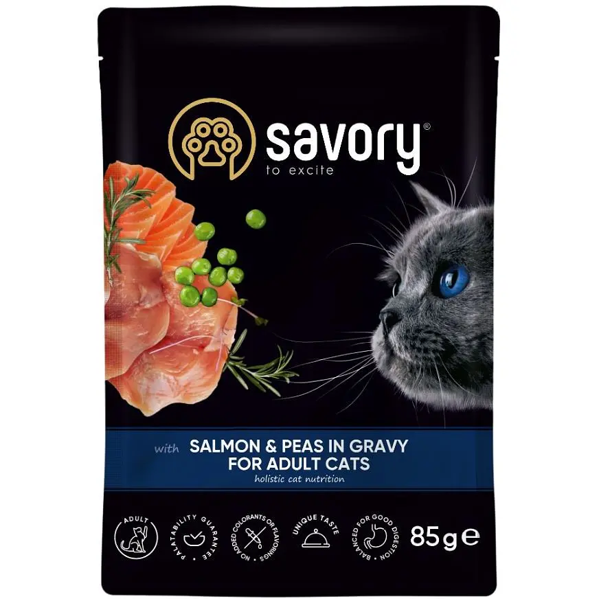 Набор влажных кормов Savory 3+1 для взрослых кошек, лосось с горохом в соусе 340 г (4 шт. х 85 г) - фото 5