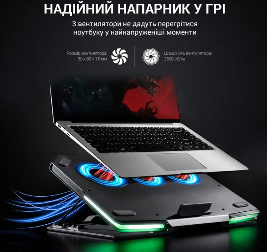 Охолоджувальна підставка для ноутбука GamePro GPCP-1540 RGB 2xUSB 3xfans до 17 дюймів - фото 9