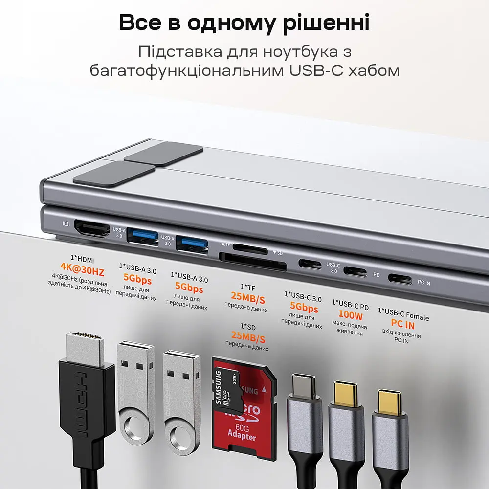 USB-C хаб-подставка 7-в-1 Choetech M57 HDMI 4K@30Hz, 2 USB 3.0, USB-C Data, USB-C PD 100W, SD-card, TF-card (43-00174) - фото 4