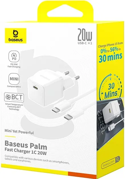 Мережевий адаптер Baseus Palm Fast Charger 1C 20 W + Cable Type-C to Type-C P10111602213-01 Білий - фото 2