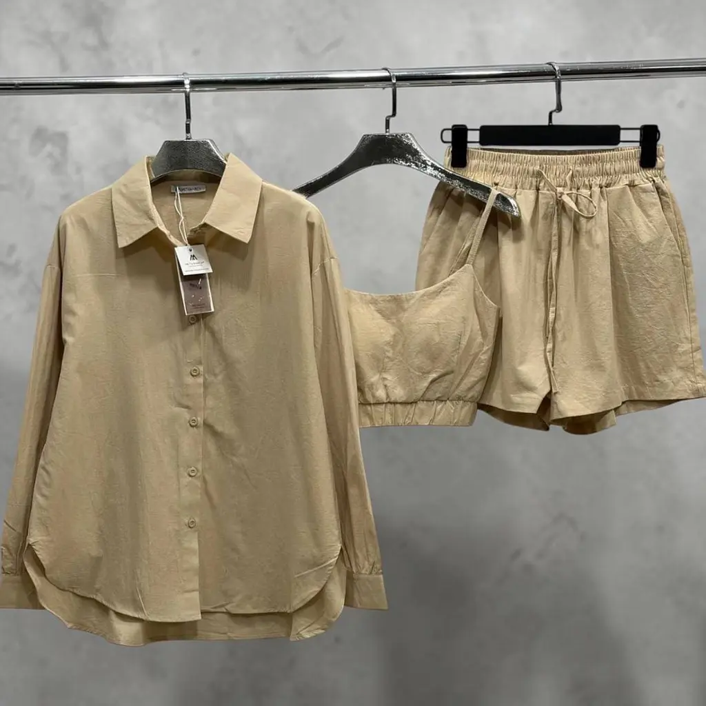Костюм женский летний рубашка с майкой и шорты Fashion 6931 20584 бежевый - фото 3