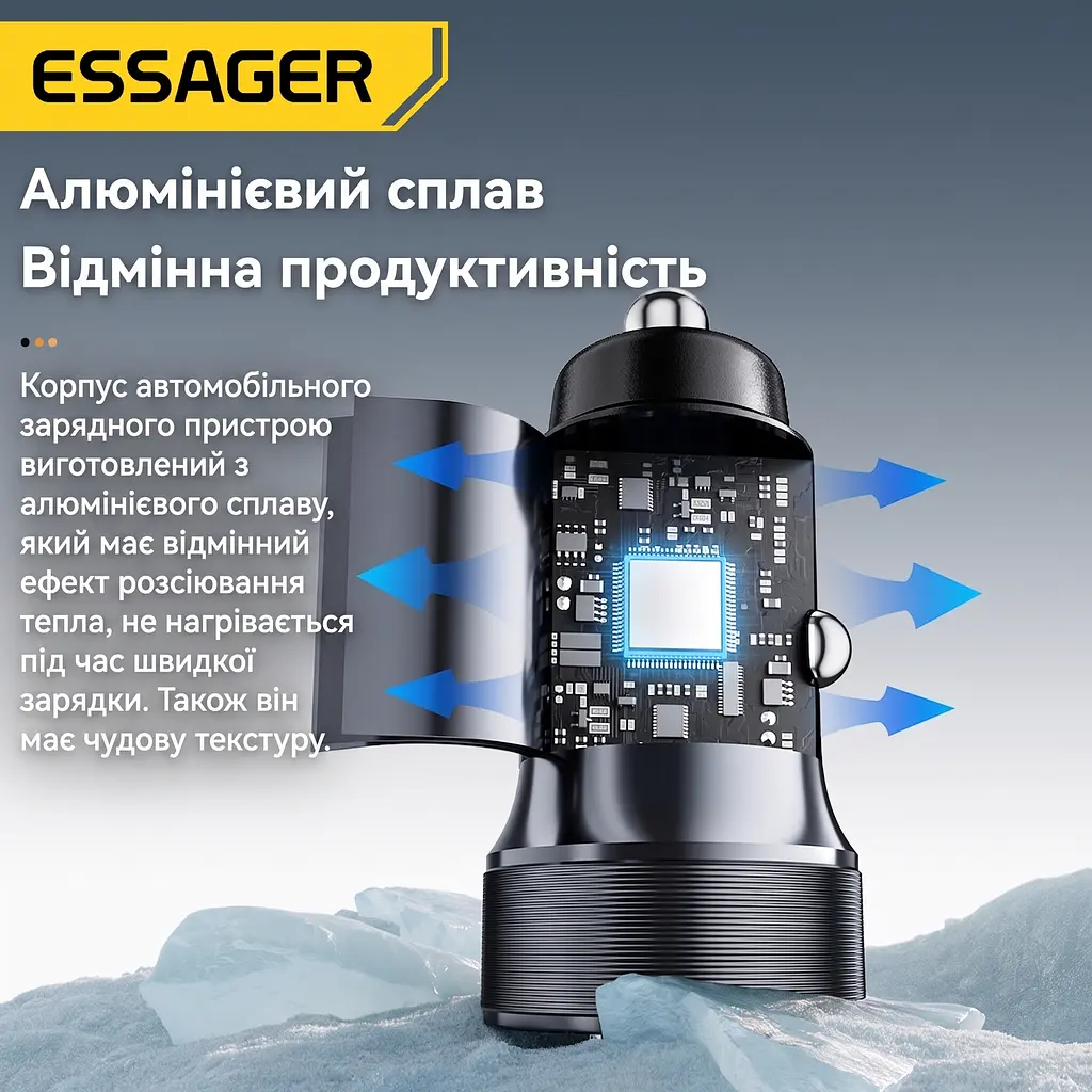 Essager Car Charger 30W 2 порта USB-C та USB-A PD QC 3.0 (чорний) - фото 6