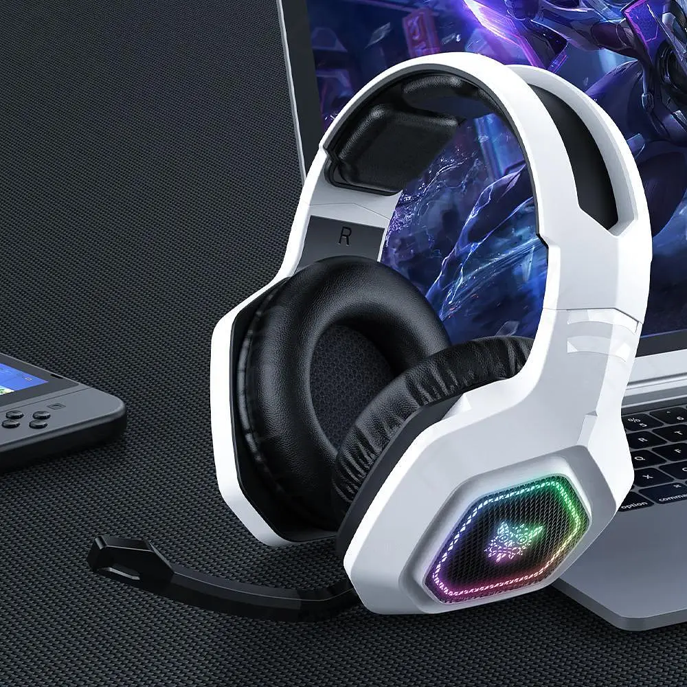 Геймерские игровые Bluetooth наушники Onikuma B100 с выдвижным микрофоном и LED подсветкой White - фото 9