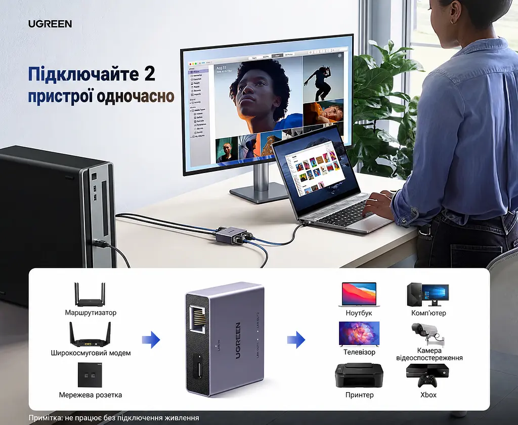 Розгалужувач Ethernet UGREEN NW301 мережевий комутатор RJ45 1 вхід і 2 виходи до 1000 Мбіт/с потребує живлення через USB-C для одночасної роботи двох пристроїв без встановлення драйверів з індикаторами живлення та з'єднання в алюмінієвому корпусі кабель живлення USB-A → USB-C 1 м у комплекті сірий із чорною панеллю портів (45311) - фото 4
