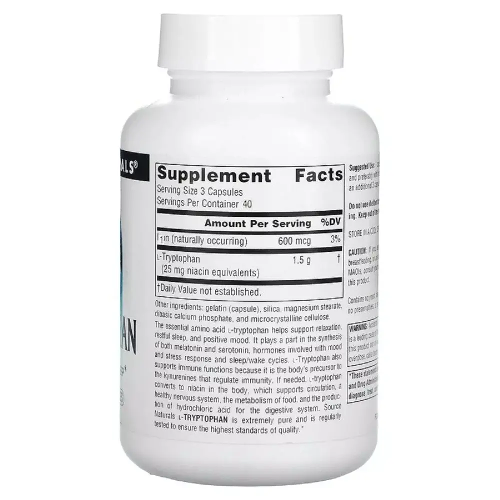 Амінокислота Source Naturals L-Tryptophan 500 мг 120 капсул - фото 2