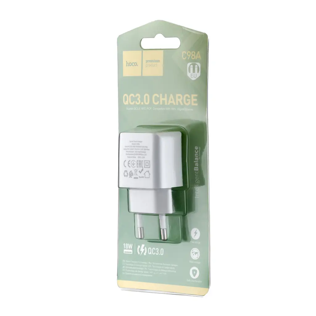 Мережевий зарядний пристрій Hoco C98A Proton single port QC3.0 charger ( EU ) Білий - фото 2